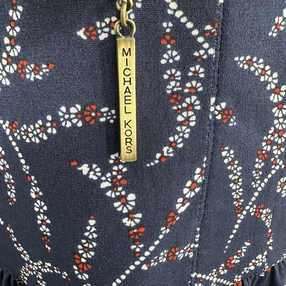 Michael Kors Peasant Blouse Small Navy Blue Floral Gold Chain Long Sleeve - Picture 4 of 9